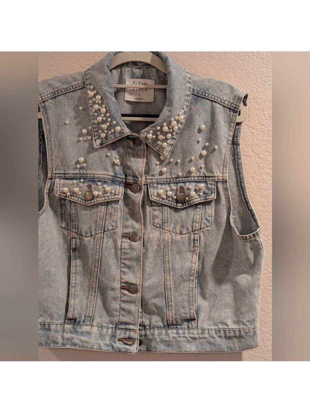 Ci Sono Denim Vest with Pearl Embellishments,Los Angeles , Size Large.EUC. - Picture 5 of 5
